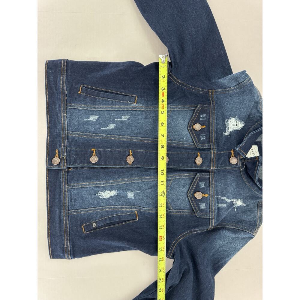 Jvini Denim Jacket Women’s Sz M Dark Wash Distressed Button Pockets Casual - Picture 9 of 14
